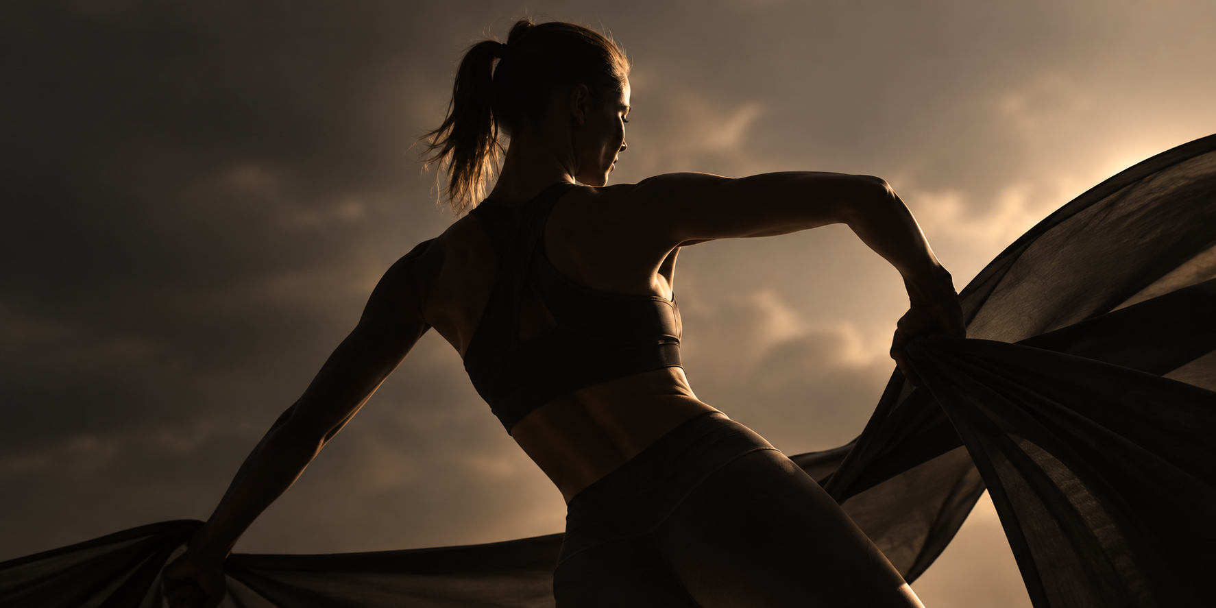 Athlete silhouetted in motion with flowing fabric